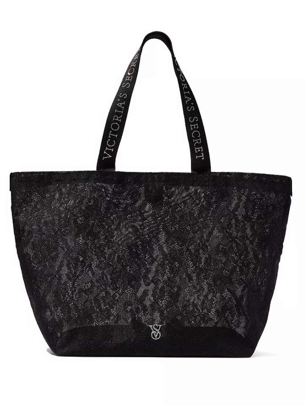 VICTORIA’S SECRET Black Lace Tote Bag w/ Rhinestone Logo Straps Large